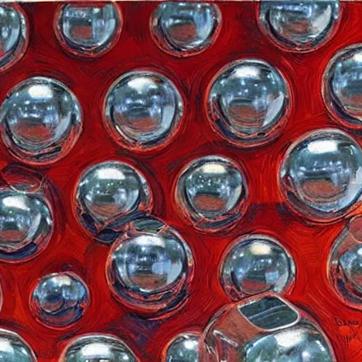 Prompt: chrome spheres on a red cube by donato giancola