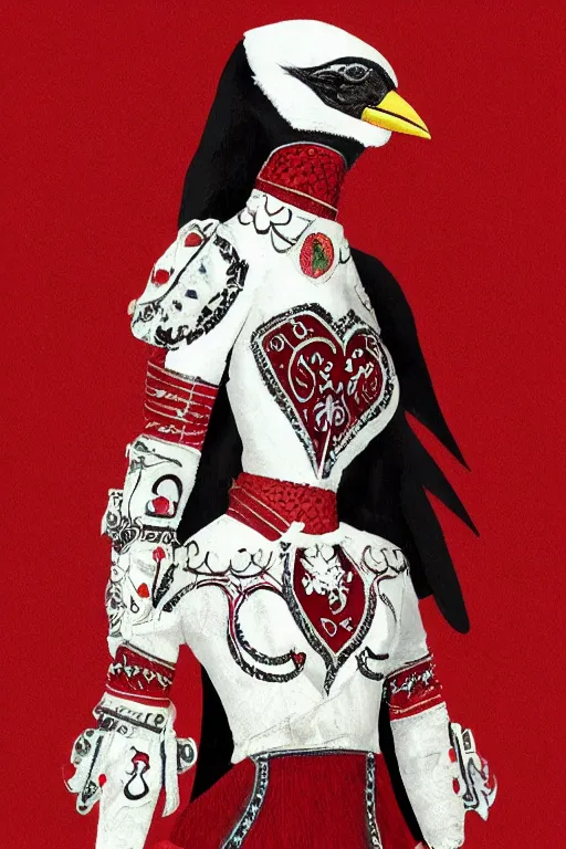 Prompt: female adventurer in tight full - body white embroidered leather armor of vyshyvanka design with red accents and a red porcelain crow mask, trending in artstation, ukrainian, establishing shot