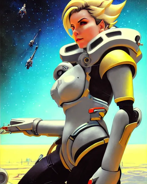 Prompt: mercy from overwatch, in space, character portrait, portrait, close up, concept art, intricate details, highly detailed, vintage sci - fi poster, retro future, vintage sci - fi art, in the style of chris foss, rodger dean, moebius, michael whelan, and gustave dore