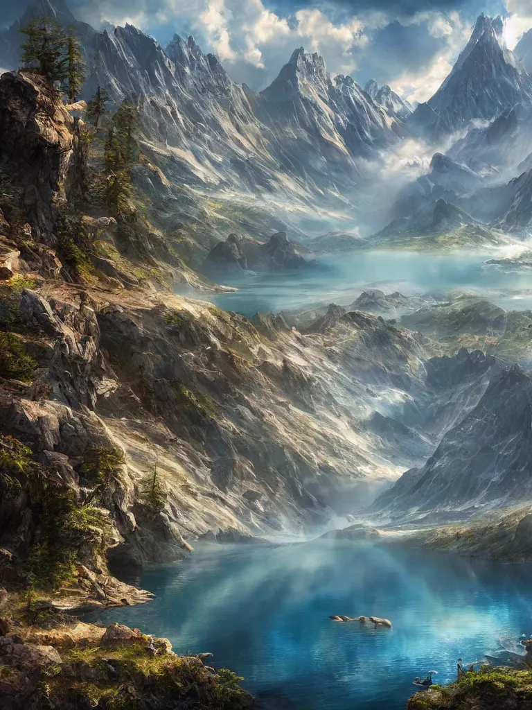 Prompt: a epic view of a mountainous lake, concept art, trending on, very detailed, unreal engine, 4 k, photoreal, volumetric lighting, light rays, epic composition, warm colors