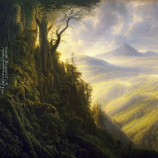 Image similar to a beautiful and highly detailed matte painting of a dreamy valley deep in the foresty mountains, intricate details, epic scale, insanely complex, 8 k, sharp focus, hyperrealism, very realistic, by caspar friedrich, james gurney, brian froud,