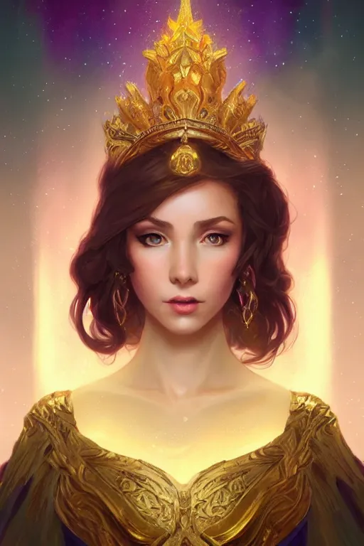 Image similar to beautiful female queen, full body shot, short hair, d & d, golden trims, ethereal background, aurora borealis, fantasy, intricate, elegant, highly detailed, digital painting, artstation, concept art, matte, sharp focus, illustration, hearthstone, art by artgerm and greg rutkowski and alphonse mucha