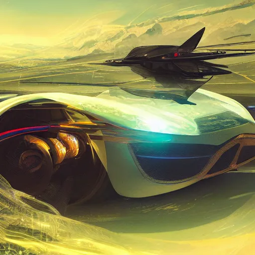 Image similar to solarpunk hovercar, clean energy, green technology, highway, sunny day, futurism, intricate, engines, glow, highly detailed, drone wings, peaceful, utopia, bright, digital painting, artstation, concept art, smooth, sharp focus, epic landscape, art by akihiko yoshida and tim mcburnie and anato finnstark