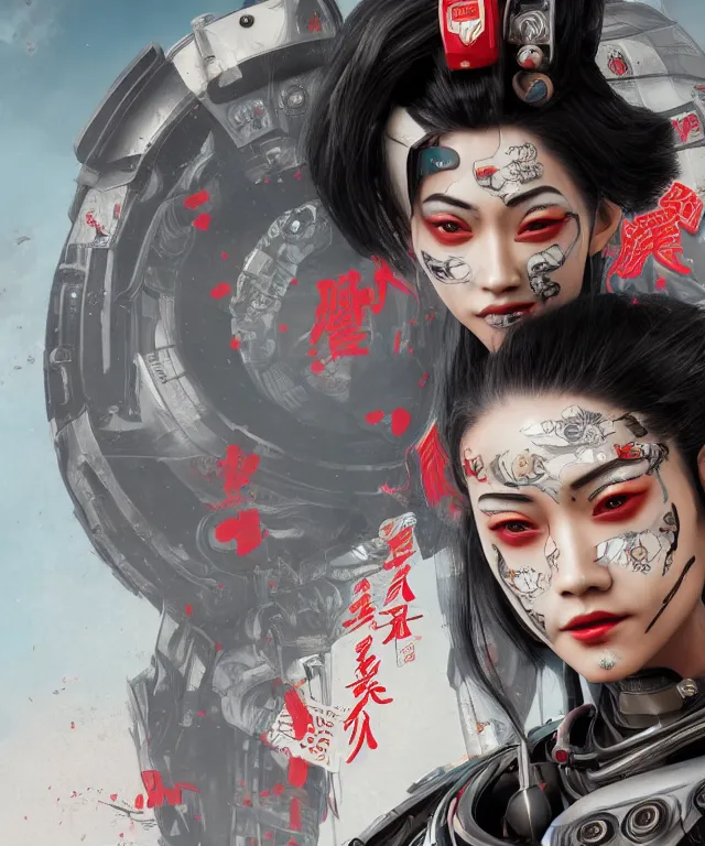 Image similar to an epic fantastic realism comic book style portrait painting of a japanese robotic geisha with kanji tattoos and decals, apex legends, octane render, intricate detail, 4 k hd, unreal engine 5