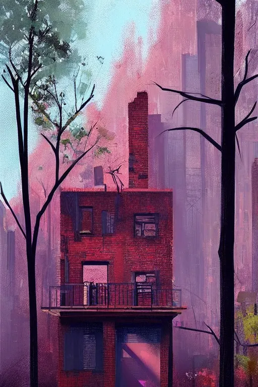 Image similar to (((((a ramshackle manhattan brick brownstone deep in the forest))))) by Alena Aenami!!!!!!!!!!!!!!!!!!!!!!!!!!!