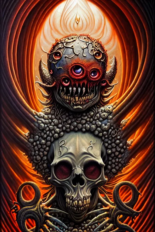 Image similar to A beautiful detailed grotesque monster super cute tarot card, by tomasz alen kopera and Justin Gerard, symmetrical features, ominous, magical realism, texture, intricate, ornate, royally decorated, skull, skeleton, whirling smoke, embers, red adornements, red torn fabric, radiant colors, fantasy, trending on artstation, volumetric lighting, micro details, 3d sculpture, ray tracing, 8k, anaglyph effect