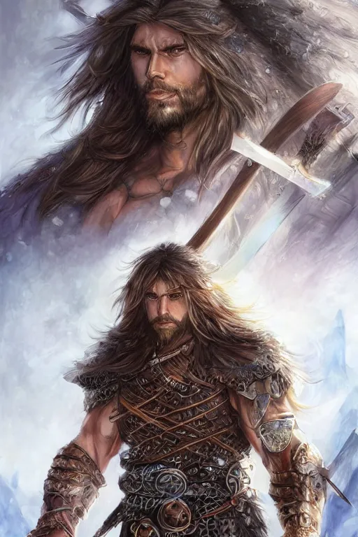 Prompt: A realistic anime portrait of a wild long haired male barbarian wearing an intricate armor, amber eyes, spear, viking fur cape, digital painting, by Stanley Artgerm Lau, Sakimichan, WLOP and Rossdraws, digtial painting, trending on ArtStation, SFW version