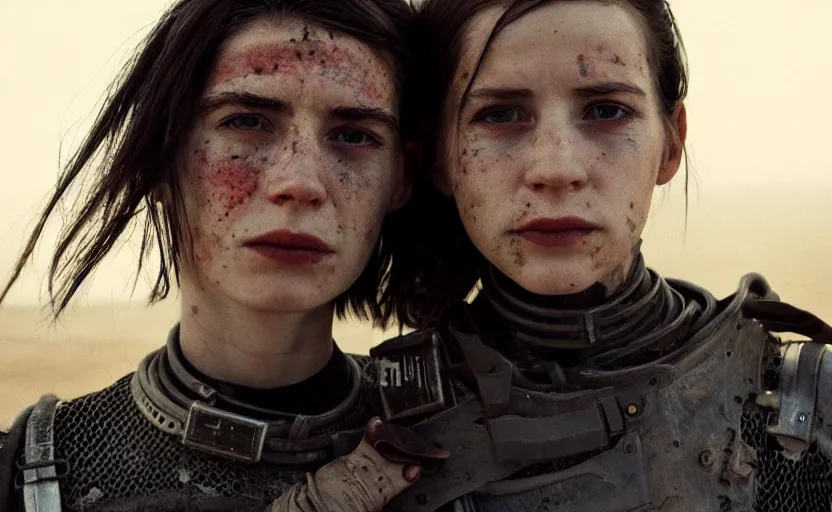 Image similar to cinestill 5 0 d photographic portrait by helen levitt of two loving female androids wearing rugged black mesh techwear on a desolate plain, extreme closeup, modern cyberpunk moody emotional cinematic, dust storm, 8 k, hd, high resolution, 3 5 mm, f / 3 2, ultra realistic faces, ex machina