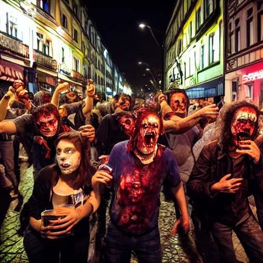 Image similar to zombies crowding the streets, drinking beer, in kreuzberg, at night