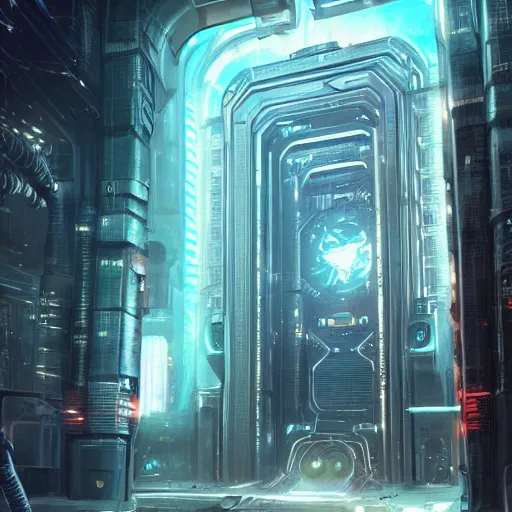 Image similar to giant cyberpunk vault door, imposing, highly detailed digital illustration by greg rutkowski, android netrunner