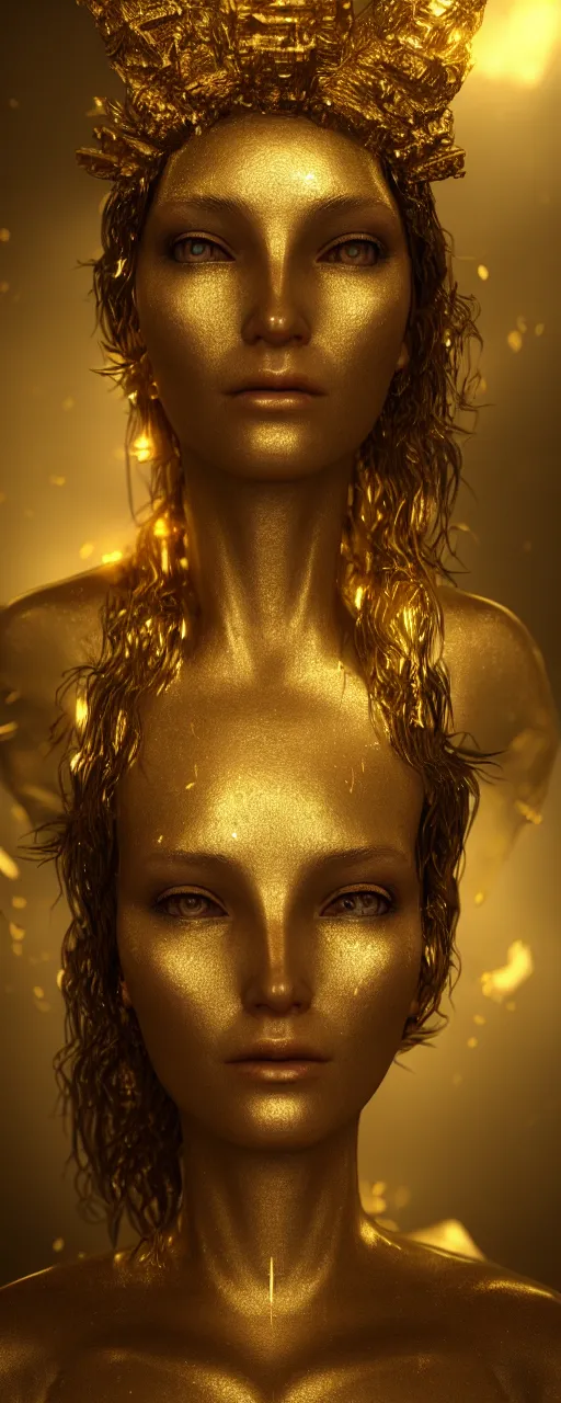 Prompt: portrait photo of a goddess, Gold raining in background, cinematic lighting, ultra super good realistic 3D render by Pete Morbacher and Emil Melmoth, insanely detailed, trending on artstation, sharp focus