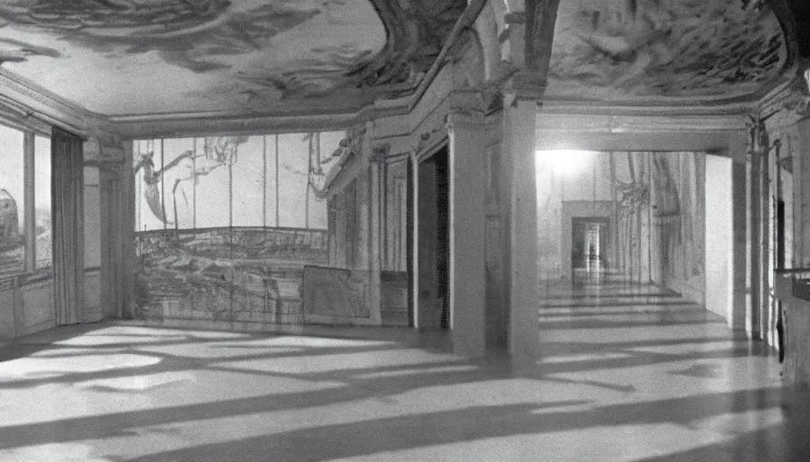 Image similar to 1 9 7 0 s movie still by andrei tarkovsky of a non euclidian building, by piranesi, panoramic, ultra wide lens, cinematic light, flare, anamorphic