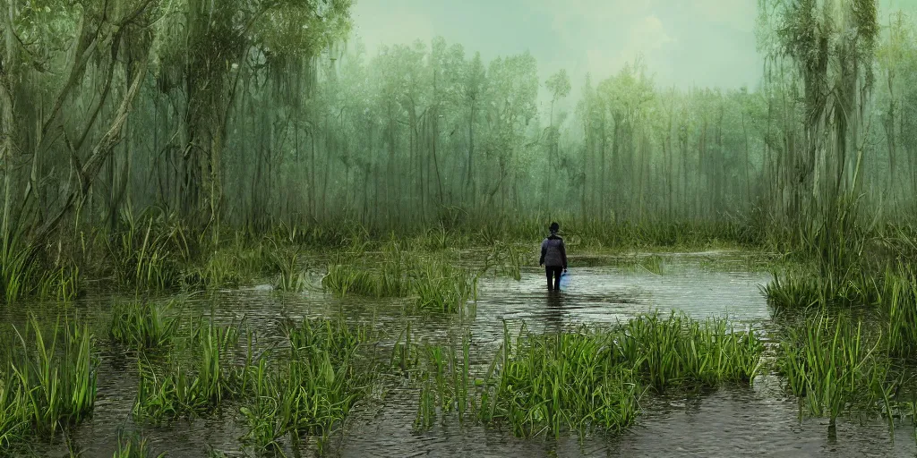 Prompt: A swampy wetland with a man walking through the swamp. Digital art, detailed. Realistic.