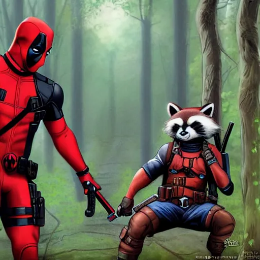 Image similar to deadpool and rocket raccoon in the woods digital art 4 k detailed