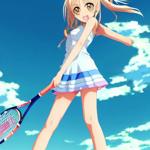 Image similar to a very beautiful young anime tennis girl, full body, long wavy blond hair, sky blue eyes, full round face,, bikini, miniskirt, front view, mid - shot, highly detailed, cinematic wallpaper by wlop