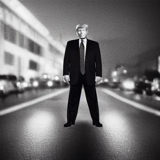 Prompt: “Very photorealistic photo of Donald Trump standing in the middle of Fifth Avenue with a gun, atmospheric lighting, award-winning details”