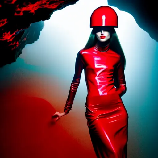 Image similar to female fashion model in year 3000 in a cave, model wearing a surreal Avant-garde helmet in red, dramatic lighting,photography , official Versace editorial , highly detailed