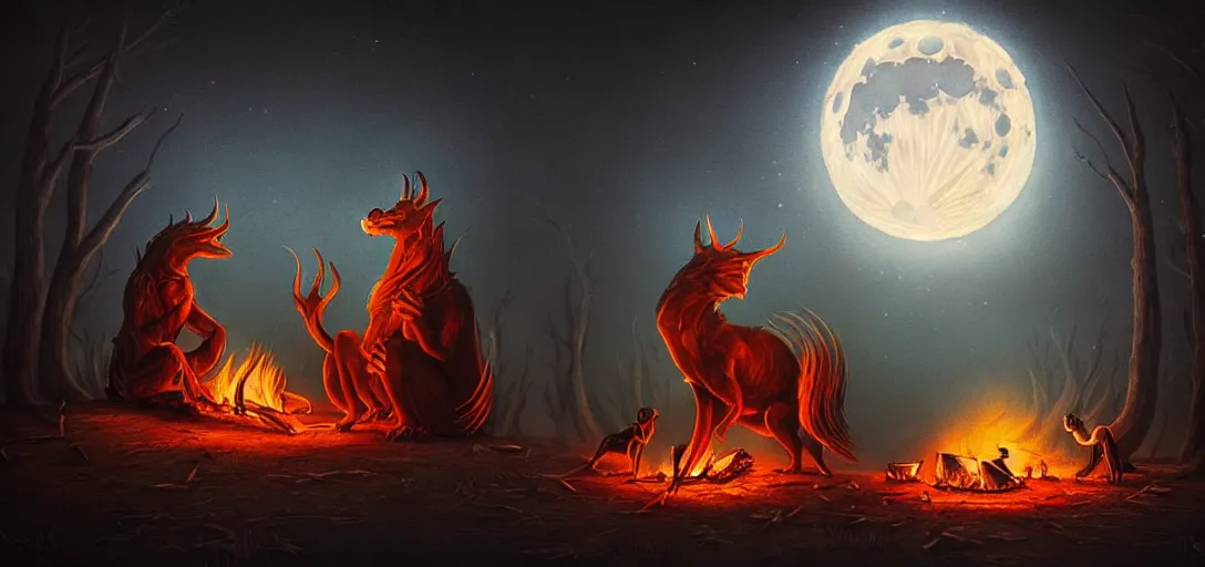 Image similar to strange mythical beasts of sitting around a fire under a full moon, surreal dark uncanny painting by ronny khalil