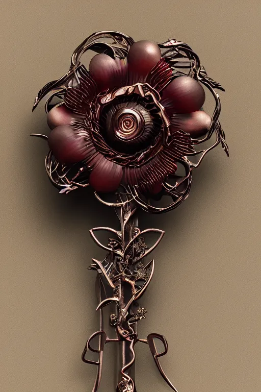 Image similar to A metal headgear design, ancient Chinese hairpin + plum blossom，Jewelry Design，Artstation, octane render, hyper realistic，design by Jean Paul Gaultier