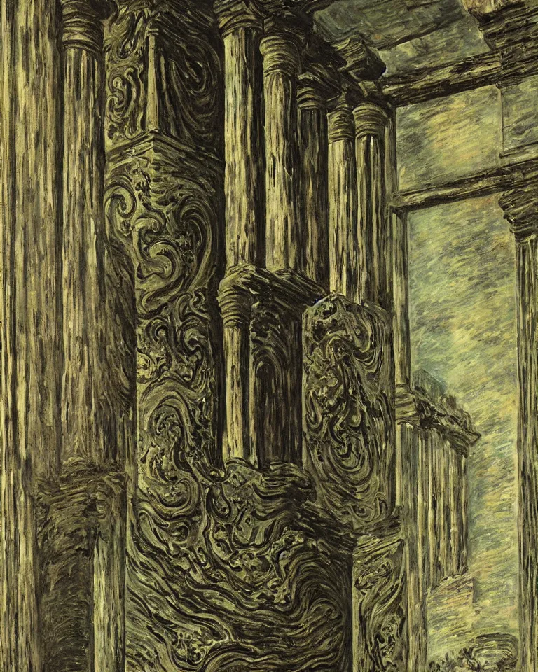 Prompt: achingly beautiful painting of intricate ancient giger columns and epic giger door on jade background by rene magritte, monet, and turner. giovanni battista piranesi. giuseppe sacconi, ettore ferrari, manfredo manfredi, gaetano koch, pio piacentini