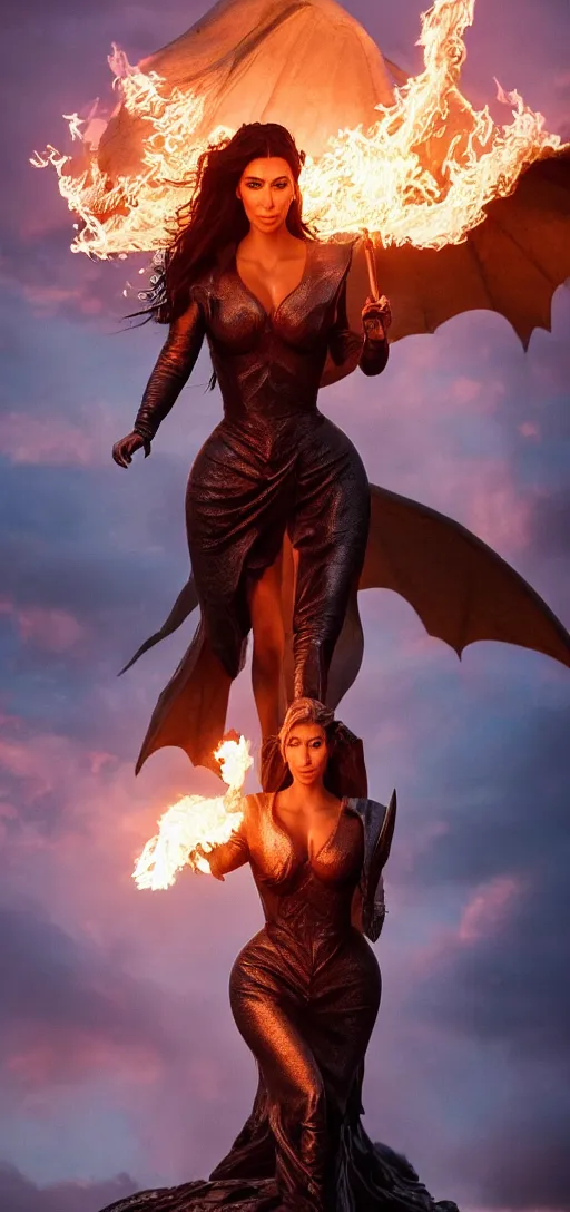 Prompt: full-body photograph of Kim Kardashian as Daenerys Targaryen riding a dragon blowing a flame, dracarus, majestic lighting, XF IQ4, 150MP, 50mm, F1.4, ISO 200, 1/160s, natural light