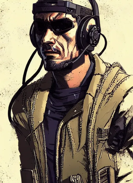 Image similar to Menacing Hector. buff cyberpunk mercenary wearing a cyberpunk headset, military vest, and jumpsuit. square face. Concept art by James Gurney and Laurie Greasley. Industrial setting. ArtstationHQ. Creative character design for cyberpunk 2077.