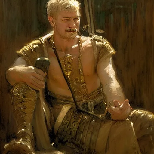 Image similar to a medieval guard, relaxing after a fight, candid and worn out, fantasy character portrait by gaston bussiere, craig mullins