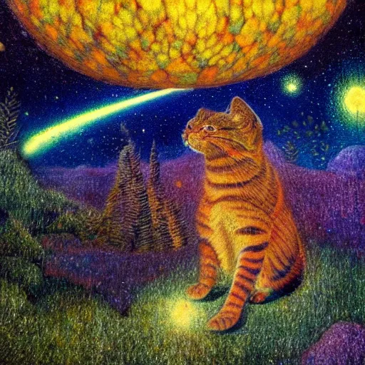 Prompt: psychedelic small cats hidden lush pine forest, outer space, milky way, designed by arnold bocklin, jules bastien - lepage, tarsila do amaral, wayne barlowe and gustave baumann, cheval michael, trending on artstation, star, sharp focus, colorful refracted sparkles and lines, soft light, 8 k 4 k