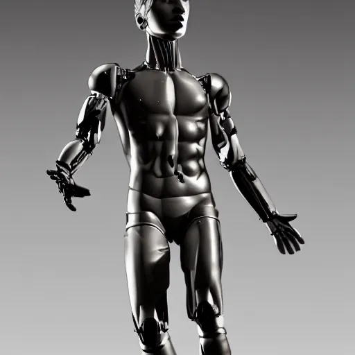 Image similar to a realistic detailed photo of a guy who is an attractive humanoid who is half robot and half humanoid, who is a male android, attractive and handsome soccer players, shiny skin, posing like a statue, blank stare, in a factory, on display, showing off his muscles, wearing soccer shorts, side view, looking at each other mindlessly