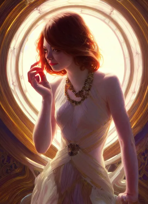 Prompt: portrait of emma stone, intricate, elegant, glowing lights, highly detailed, digital painting, artstation, glamor pose, concept art, smooth, sharp focus, illustration, art by wlop, alphonse mucha and greg rutkowski