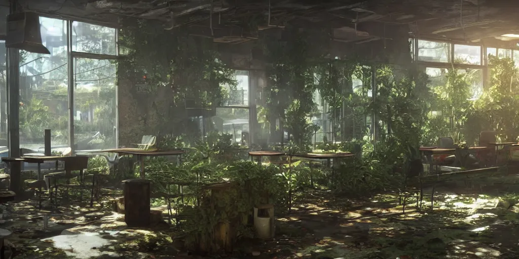 Image similar to interior, abandoned diner, photorealistic, vegetation, overgrowth, cinematic lighting, global illumination, unreal engine 5, screenshot from the last of us part 2