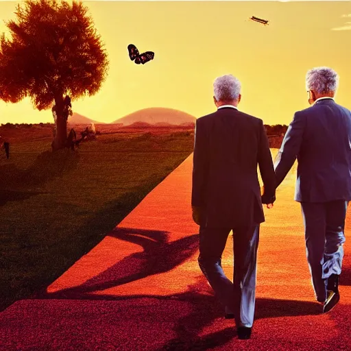 Prompt: Benjamin Netanyahu and Yair Lapid walking towards a vibrant sunset holding hands, Heart shaped clouds, butterflies floating in the sky, colorful flowers on the grass and an F35 flying in the sky , a fantasy painting, hyperrealistic, highly detailed, depth of field, High definition, 8k, octane render, artstation