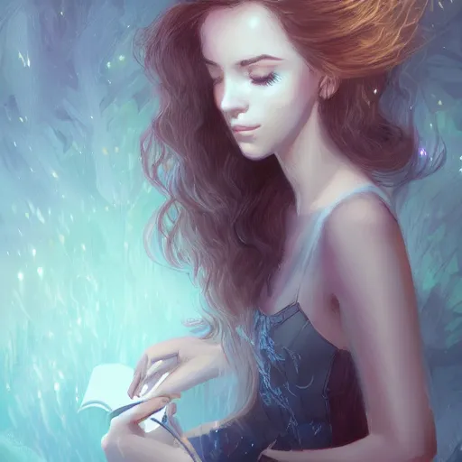 Image similar to a girl reading book, sci-fi, glossy eyes, face, long hair, fantasy, intricate, elegant, highly detailed, digital painting, artstation, concept art, smooth, sharp focus, illustration