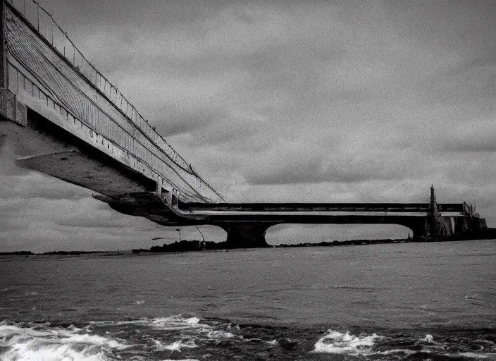 Prompt: grainy futuristic photo of the remains of an enormous broken freeway bridge on the new york coast after the apocalypse ; the bridge leads into the wide ocean