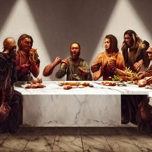 Prompt: hungry cannibals making a rich salad around a marble table, !!positioned as last supper cinematic lighting, dramatic framing, highly detalied, 4k, artstation, by Wayne Barlowe and Rene Lalique