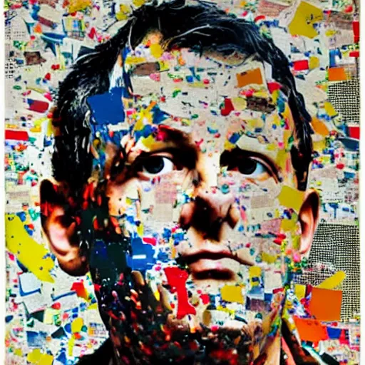 Image similar to a portrait a very ordinary person, by Mimmo Rotella, ripped, torn poster, abstract, vivid colors, flat bold color