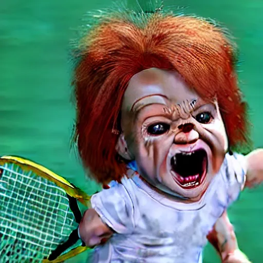 Prompt: cute little screaming chucky doll playing tennis