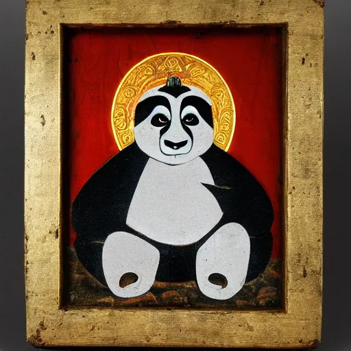 Prompt: a religious icon of kung fu panda with a halo, coal on wood, russia, 1 6 0 0