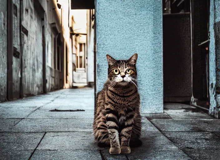 Image similar to photography of a Cat sitting on a box. in a cyberpunk street, award winning photo, colors, 100mm, sharp, high res