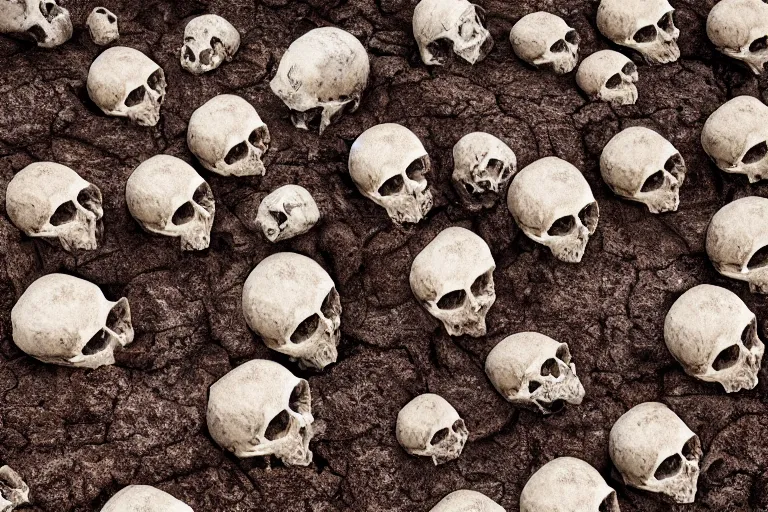 Image similar to A pile of human skulls on the dry cracked dirt ground, HD, 8k, cinematic shot, highly detailed, low saturation