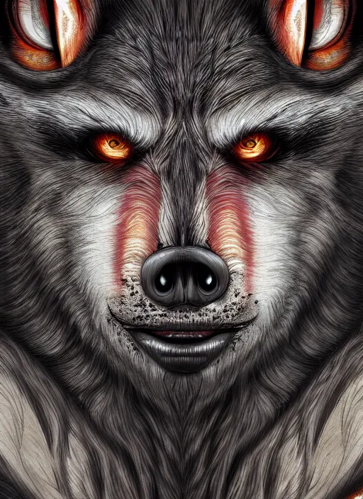 Image similar to werewolf, detailed eyes, fantasy, intricate, highly detailed, digital painting, 4k, HDR, concept art, smooth, sharp focus, illustration, by Wayne Reynolds