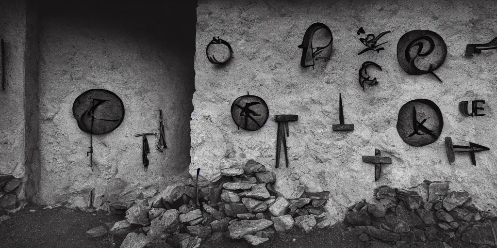Image similar to photography of a wall with alpine farmer tools in shape of occult signs hanging down, old hut, alp, dolomites, alpine, detailed intricate insanely detailed octane render, 8k artistic 1920s photography, photorealistic, black and white, chiaroscuro, hd, by David Cronenberg, Raphael, Caravaggio
