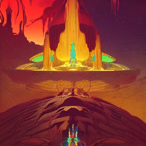 Image similar to highly detailed illustration of a temple on a strange planet, by moebius, by kilian eng, by sam freio, by thomas rome, by victor mosquera, by bruce pennington, juxtapoz, behance, dayglo, prismatic