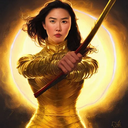 Prompt: Jessica Henwick clothed in pure golden light energy and holding a flaming sword, D&D, highly detailed, digital painting, artstation, concept art, sharp focus, illustration, art by artgerm and greg rutkowski and alphonse mucha