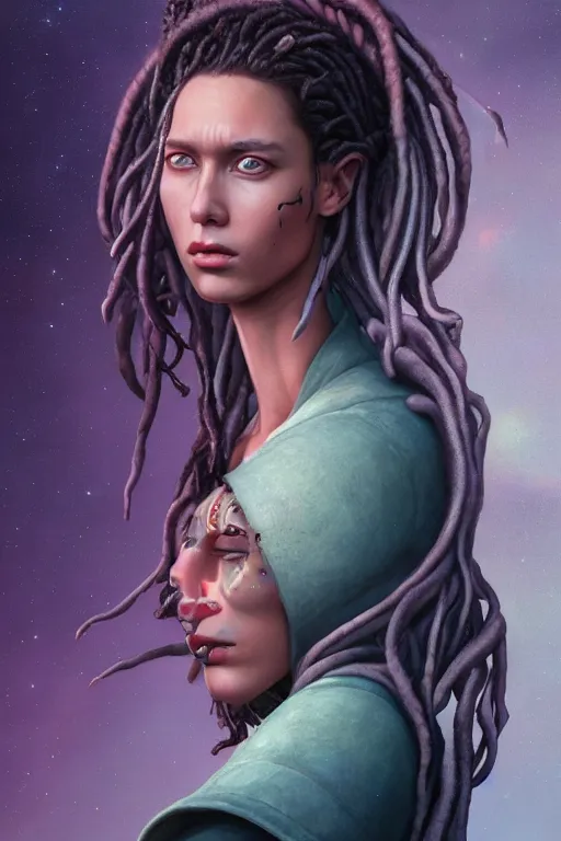 Prompt: portrait of an alien king with dreads snake hair, straight on portrait, by artgerm, tom bagshaw, gerald brom, vaporwave colors, lo fi colors, vaporwave, lo fi, 2 point studio lighting, dramatic lighting, 4 k, hd,