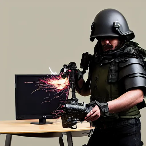 Image similar to angry man in juggernaut armor burning a desktop tower pc with a military flamethrower