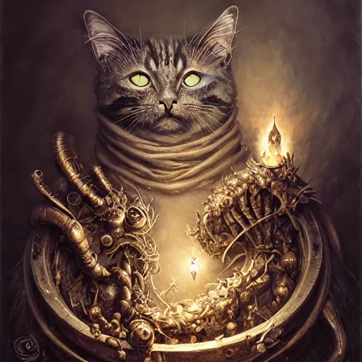 Image similar to a beautiful detailed 3d matte portrait of a alchemist cat, by ellen jewett, by tomasz alen kopera, by Justin Gerard, ominous, magical realism, texture, intricate, ornate, royally decorated, skull, skeleton, whirling smoke, embers, alchemist bottles, radiant colors, fantasy, volumetric lighting, high details