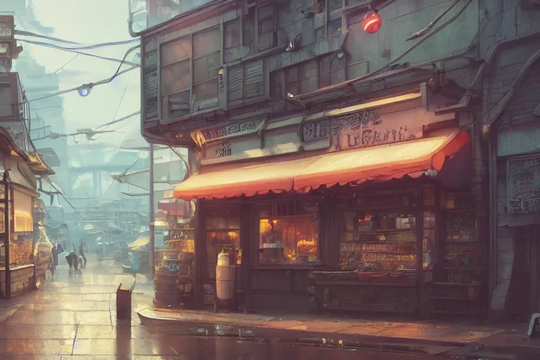 Prompt: A highly detailed matte painting of a detached small shop with sign by Studio Ghibli, Makoto Shinkai, by Artgerm, by WLOP, by Greg Rutkowski, volumetric lighting, cyberpunk, octane render, 4K resolution, trending on artstation, masterpiece