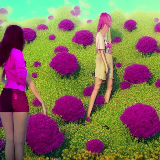 Image similar to group young ladies lost in a giant flower garden, pinks, gold in the style of cyberpunk glitch painting, octane render, 8k