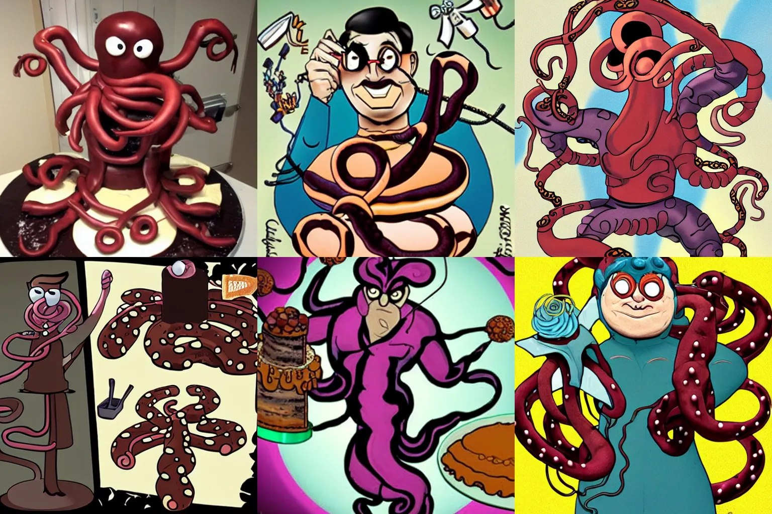 Prompt: doctor octopus as a baker holding a decadent cake in each tentacle.